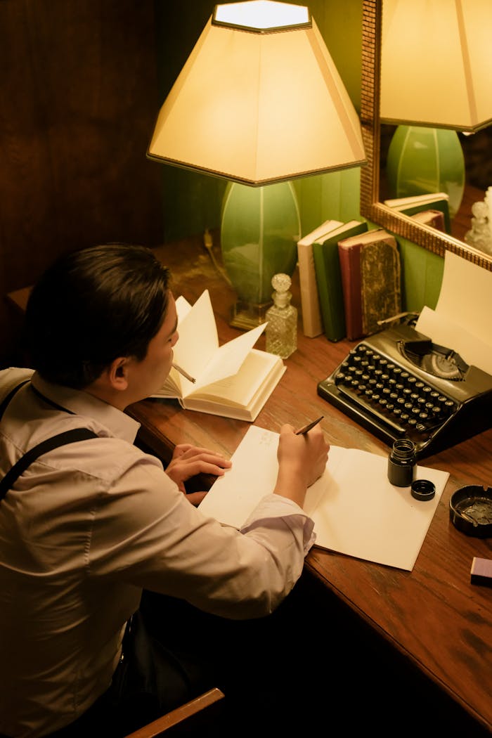 A man writes with ink at a desk, surrounded by books and a typewriter, illuminated by a lamp.